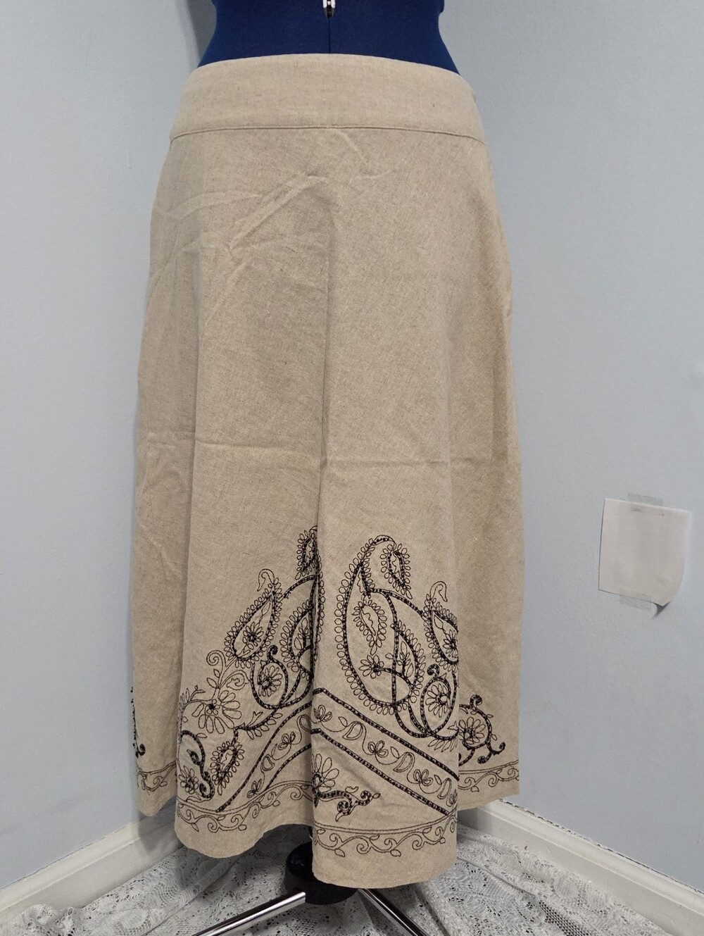 Embroidered Linen Blend Midi Skirt Size 8